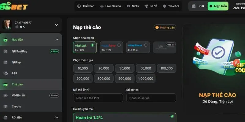 Các phương thức nạp tiền 86BET